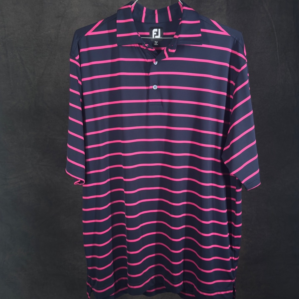 FootJoy Navy and Hot Pink Striped Short Sleeve Button Down Shirt - Picture 6 of 10